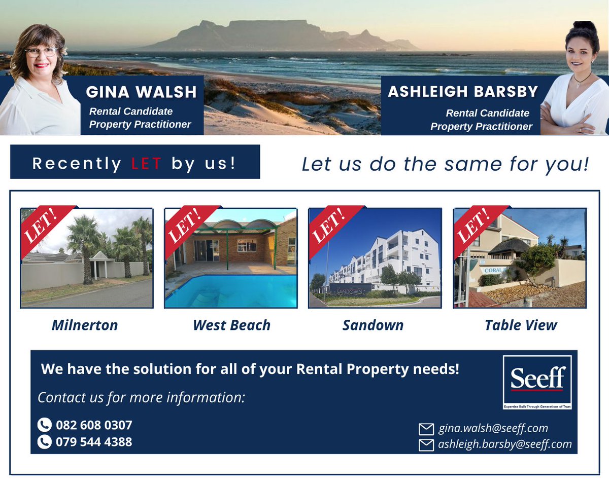 Congratulations to Gina Walsh - Seeff Blouberg and Ashleigh Barsby - Seeff Blouberg for their recently LET properties 🙌
-
Contact them for all of your rental property needs 🌟
#SeeffBlouberg #propertymanagement #SeeffYourWayHome #letproperties #PropertyPractitioner