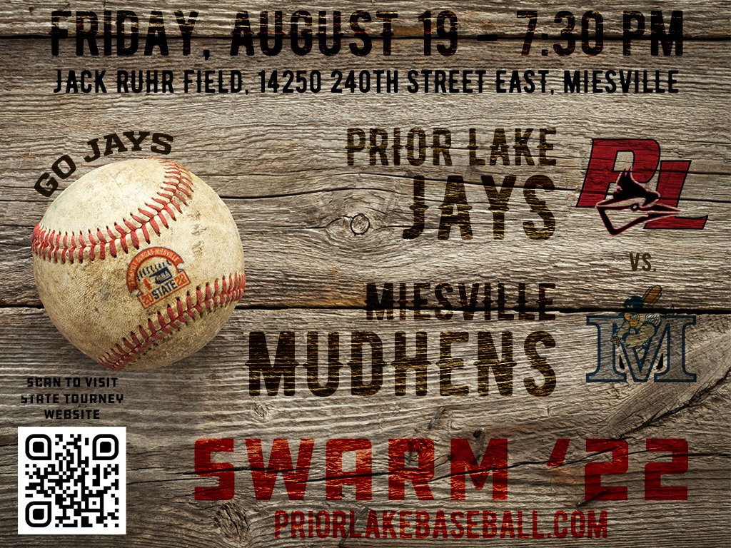 Prior Lake Amateur Baseball (@plbaseball) on Twitter photo Come cheer on the <a href="/PLJaysBaseball/">Prior Lake Jays</a> as they take on the <a href="/Head_Hen/">Miesville Mudhens</a> in 1st round action at the '22 Class 'B' State Amateur Baseball Tournament <a href="/fdm2022/">FDM2022 - 2022 MBA Class B and C State Tourney</a> - Friday, August 19, 7:30 pm at Jack Ruhr Field in Miesville. <a href="/RVLbaseball/">RIVER VALLEY LEAGUE ⚾️</a> <a href="/MinnBaseball/">Minnesota Baseball Association</a> <a href="/section3B/">MBA Section 2A</a> Come cheer on the <a href="/PLJaysBaseball/">Prior Lake Jays</a> as they take on the <a href="/Head_Hen/">Miesville Mudhens</a> in 1st round action at the '22 Class 'B' State Amateur Baseball Tournament <a href="/fdm2022/">FDM2022 - 2022 MBA Class B and C State Tourney</a> - Friday, August 19, 7:30 pm at Jack Ruhr Field in Miesville. <a href="/RVLbaseball/">RIVER VALLEY LEAGUE ⚾️</a> <a href="/MinnBaseball/">Minnesota Baseball Association</a> <a href="/section3B/">MBA Section 2A</a>