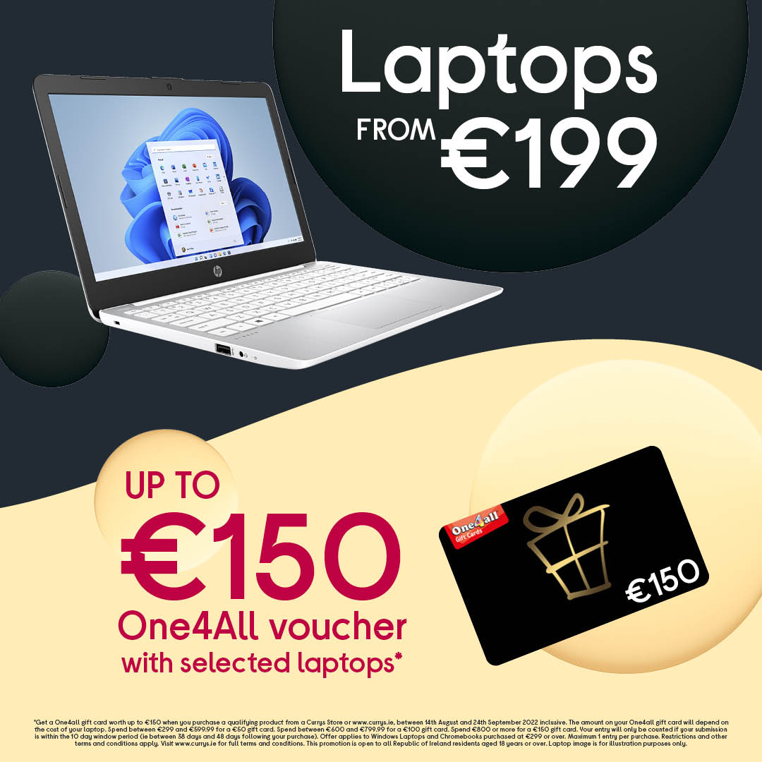 Shop Ireland's largest range of laptops with prices from €199 and get a free One4All voucher worth up to €150 with selected laptops! bit.ly/3CeKeLr