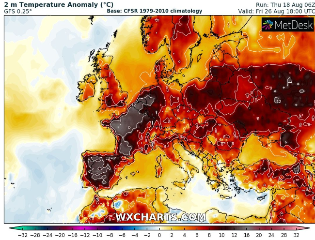Another burst of extreme anomalous heat incoming for western Europe to end August. 40C likely again in France, mid 30s for the low countries and Germany, low 30s for southern England. The final heatwave of the summer?