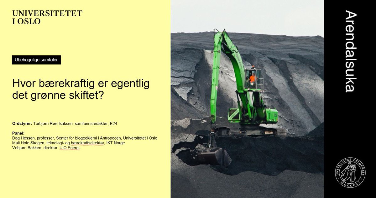Universitetet i Oslo (@unioslo) on Twitter photo Grønn omstilling krever energi, mineraler, arealer & digitalisering i en skala & på en måte som per i dag ikke er bærekraftig. Er det mulig å få til et reelt grønt skifte? #ubehageligesamtaler #arendalsuka <a href="/daghes/">Dag Hessen</a> <a href="/MaliSkogen/">Mali Hole Skogen</a> <a href="/EnergiVeb/">Vebjørn Bakken</a> og ordstyrer <a href="/konservativ/">Torbjørn Røe Isaksen</a> 17.30 No. 9 Café Grønn omstilling krever energi, mineraler, arealer & digitalisering i en skala & på en måte som per i dag ikke er bærekraftig. Er det mulig å få til et reelt grønt skifte? #ubehageligesamtaler #arendalsuka <a href="/daghes/">Dag Hessen</a> <a href="/MaliSkogen/">Mali Hole Skogen</a> <a href="/EnergiVeb/">Vebjørn Bakken</a> og ordstyrer <a href="/konservativ/">Torbjørn Røe Isaksen</a> 17.30 No. 9 Café