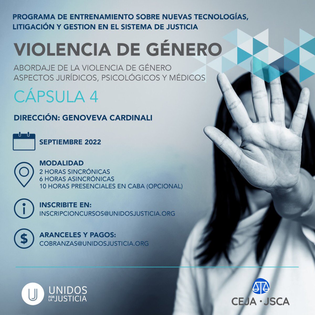 ¡No te quedes sin tu lugar!
Seguimos con las inscripciones para la cápsula 4: Violencia de género. 

✅ Dirección: Genoveva Cardinali. 
🗓 Inicio: 1/9

Para inscripciones y consultas 👉 inscripcioncursos@unidosjusticia.org

Más info 👉 unidosjusticia.org/capacitaciones/

¡Te esperamos!