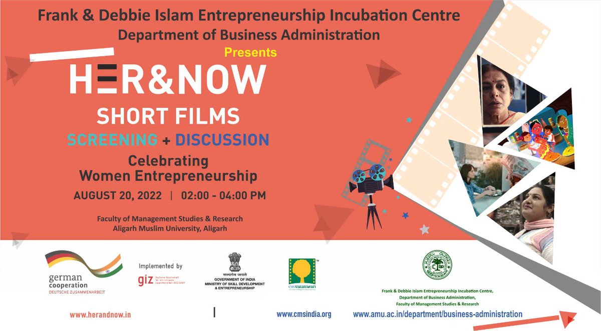 fmsramu's tweet photo. Frank &amp; Debbie Islam Entrepreneurship Incubation Centre, Department of Business Administration, F.M.S.R, A.M.U. in collaboration with CMS VATAVARAN, New Delhi celebrates "Women Entrepreneurship" on August 20, 2022 with screening of short films followed by a discussion. https://t.co/L7eOYUT2rX