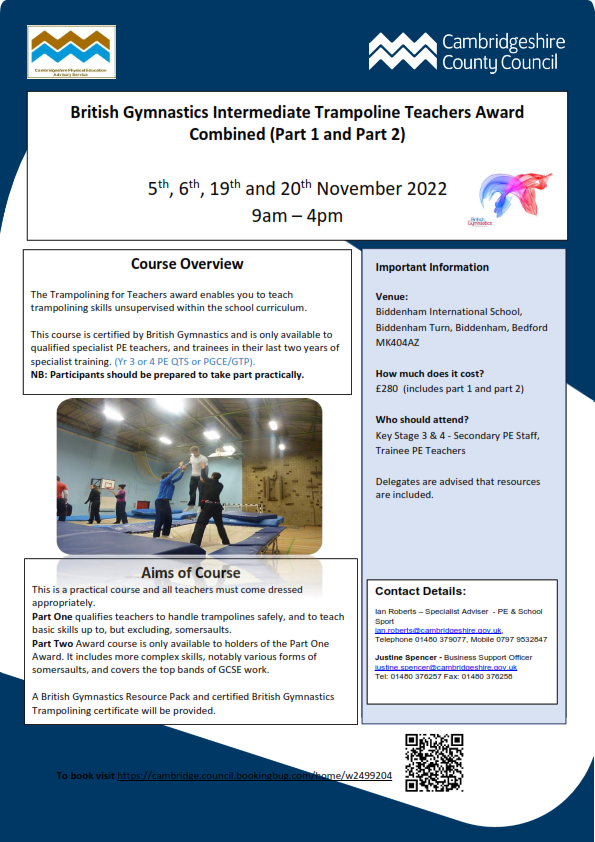 Certified British Gymnastics course available to qualified specialist PE teachers and trainees in their last 2 years of specialist training.  5th, 5th, 19th and 20th November 2022. 
cambridge.council.bookingbug.com/home/w2499204