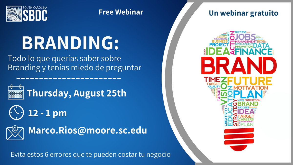 📅NEXT WEEK: Join Marco Ríos with the <a href="/SCSBDC/">SCSBDC</a> during this free webinar entirely in Spanish for Hispanic and Latinx entrepreneurs.

📍Register here: ow.ly/77gU50Km8Ve

#Latinx #Branding #Webinar