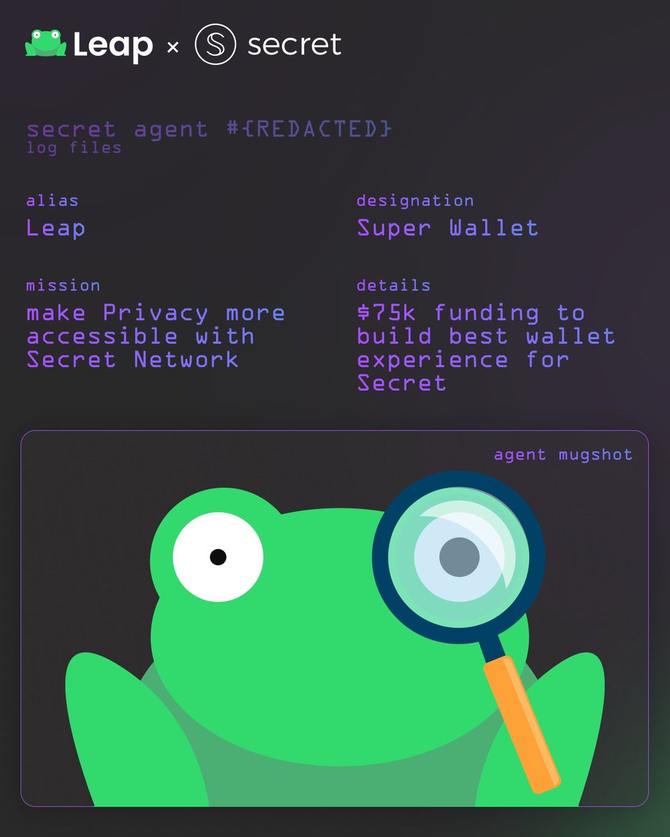 excited to announce that we've received $75k grant from <a href="/SecretNetwork/">Secret Network</a> 

our mission, and we've chosen to accept it, is to build the best in-wallet experience for <a href="/SecretNetwork/">Secret Network</a> 

agents get ready for $SCRT native support + Secret dapp integrations within Leap 🕵️‍♂️ 🐸