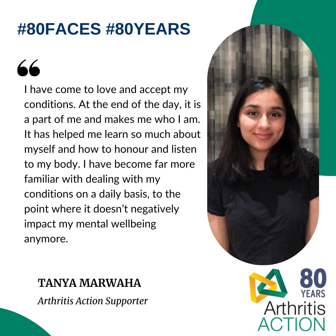 Arthritis_ACTN's tweet photo. Our #80Faces campaign recognises 80 key people who have helped #ArthritisAction over the past #80Years. 
Today we say #thankyou to our supporter @_tanyamarwaha, a mental health advocate &amp; disability blogger. Thank you, Tanya! https://t.co/RydgM6MYXX