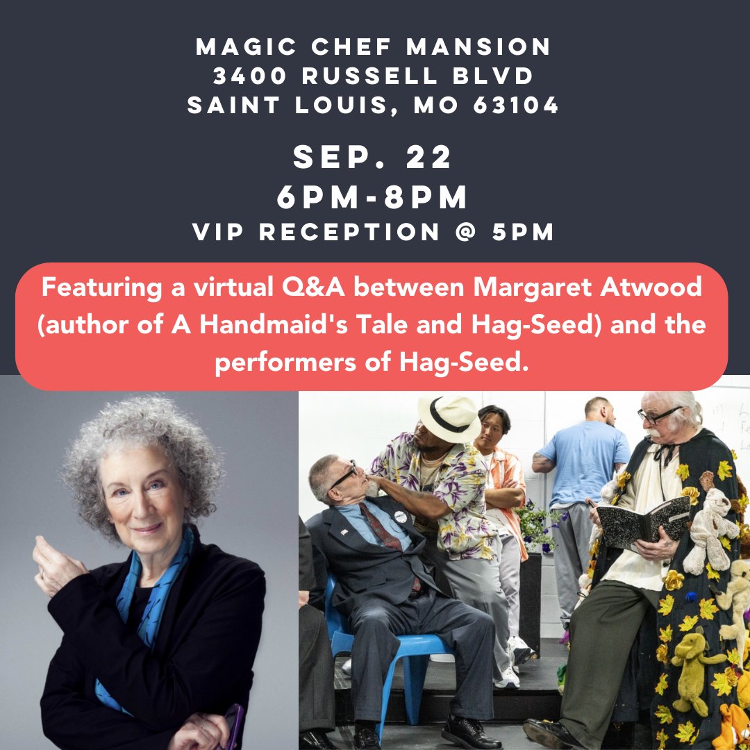 PPAmissouri's tweet photo. PPA has a lot to celebrate this year.
Tell your friends, and we hope to see you there!

Save the Date!
Sep. 22 
@ the Magic Chef Mansion

Featuring a virtual Q&amp;A between Margaret Atwood (author of A Handmaid's Tale and Hag-Seed) and the performers of Hag-Seed. https://t.co/YDR04dvrUp