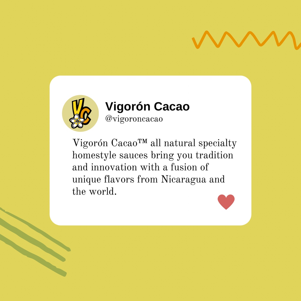 vigoroncacao's tweet photo. Vigorón Cacao™ all natural specialty homestyle sauces bring you tradition and innovation with a fusion of unique flavors from Nicaragua and the world. 🌎🍽

#chimichurri #chimichurrisauce #chimichurriartesanal #chimichurristeak #homemadechimichurri #nicaraguanfood https://t.co/RUqZkUAnpV