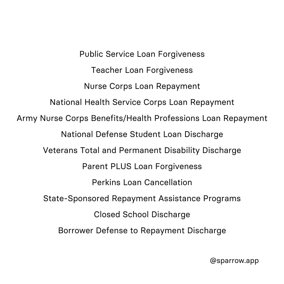 sparrow_app_'s tweet photo. Want your student debt wiped out? 👀 Save this list of student loan forgiveness and discharge programs!

If you believe you may qualify for one of the loan forgiveness programs listed, head to our blog to learn more! https://t.co/raORd5KMr0