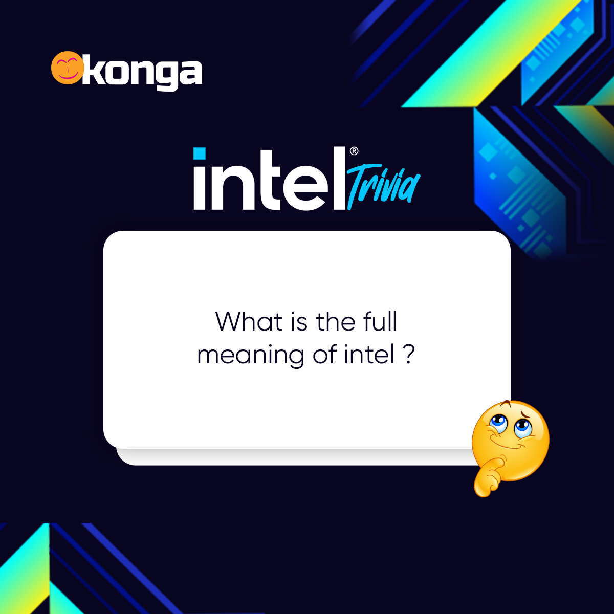 ShopKonga's tweet photo. it is time for another Intel Trivia🔊

Answer the question above and stand a chance to win awesome prices from Konga courtesy of Intel.
NB: Winners will be picked at random.
__
Don't be selfish, tell a friend.
.
.
.
#IntelTrivia #IntelCampaign #IntelXKonga #MarketPlace #ShopKonga https://t.co/w3kjdqQEnV