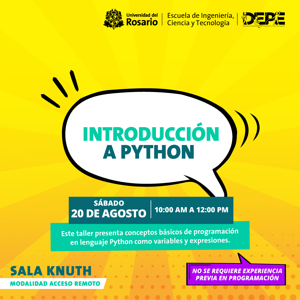 ¿Quieres empezar a programar en Python?
Te esperamos este sábado 20 de agosto a las 10am en la Sala Knuth.

Inscríbete sin costo aquí: shorturl.at/lpBDJ