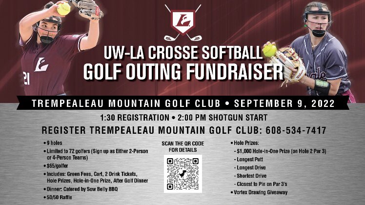 UWLSOFTBALL's tweet photo. ICYMI: Our program will be hosting the first ever golf outing fundraiser on Friday, September 9th. Get your team signed up today by utilizing the QR code! It will be a day filled with laughs, 6-3 groundouts and golf puns..may the course be with you. putter late than never..🥎✖️⛳️ https://t.co/j6TFqSCpLc