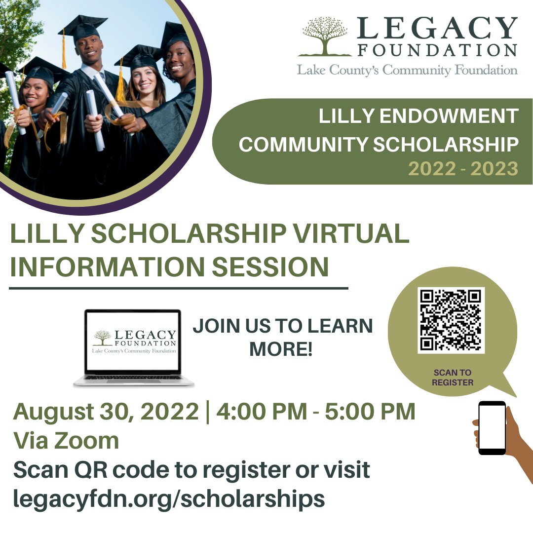 Back to School Season has Arrived!!! 

Join us to learn more about this year’s Lilly Endowment Community Scholarship opportunity! Open to Lake County, Indiana high school seniors. Parents are welcome to attend!

Tuesday, August 30, 2022
4:00 PM – 5:00 PM Central
Via Zoom