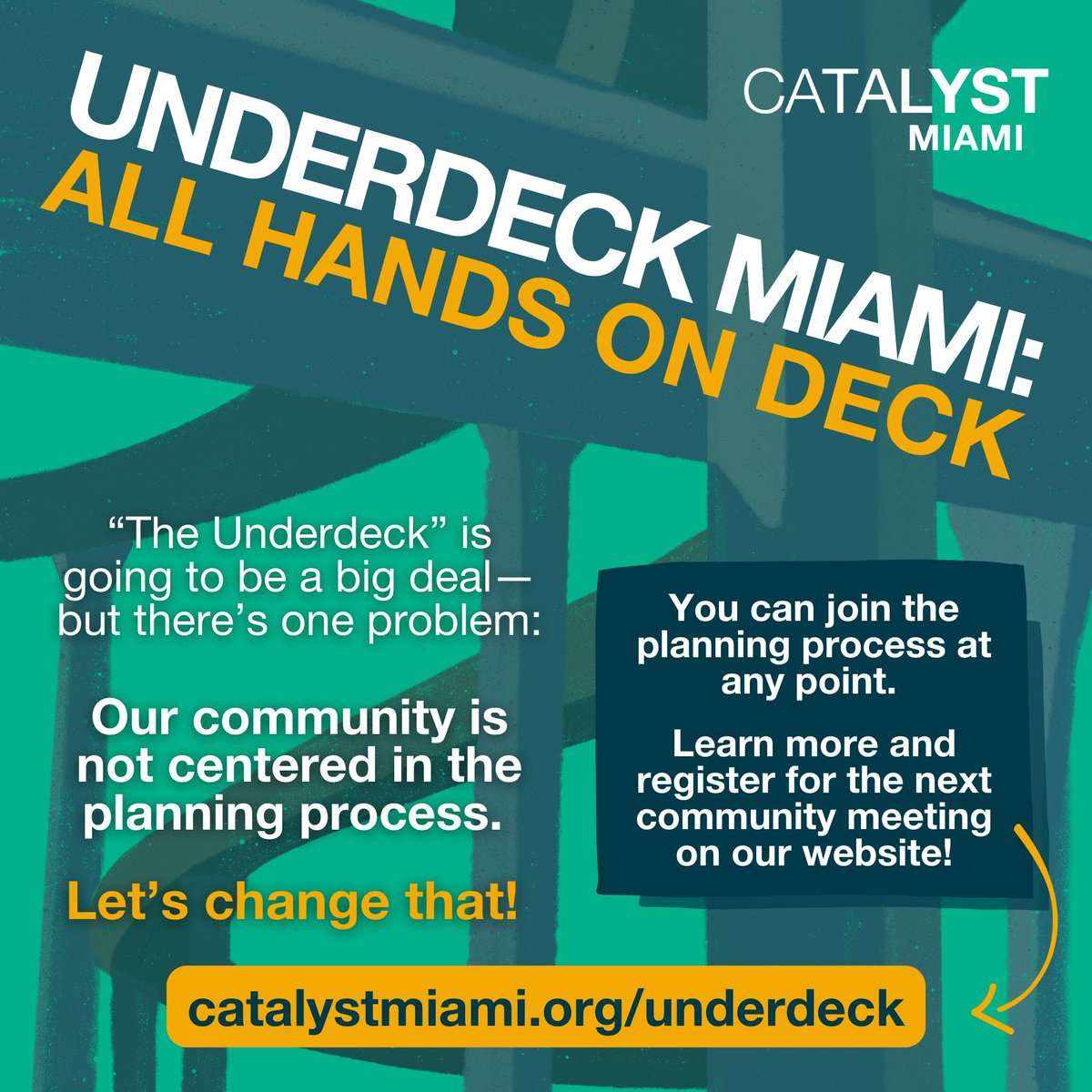 CatalystMiami's tweet photo. You heard things were going down with the #Underdeck planning process, now's your chance to get involved 🗣️📣 Sign up for the next community meeting over zoom on Thursday, August 25th at 6:30pm! More info at https://t.co/jlf29sn9Ca https://t.co/jdBZgiwnmq