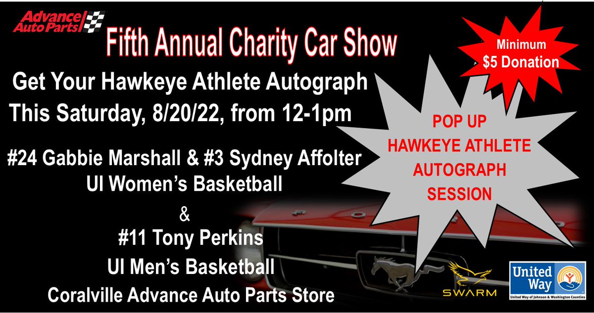 📣Athlete Appearance & Autograph Session! Support United Way & join Iowa basketball players @sydneyaffolter1, @GabbieMarshall, & @Saucy___T in Coralville for the 5th Annual Advanced Auto Parts Car Show benefitting @uwayjwc .