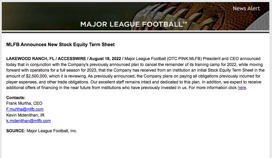 BREAKING: The MLFB releases an official statement revealing a $2,500,000 initial Stock Equity Term Sheet, alongside their plans to play a full season in 2023. 

The #MLFB also claims that there will be more future investments from institutions who have invested prior.