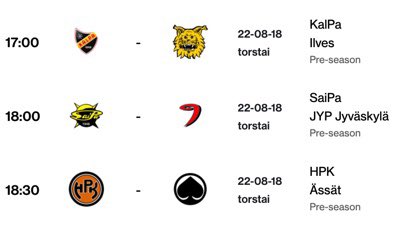 SolidSport Finland (@solidsport_fin) on Twitter photo Liigaan valmistavat ottelut jatkuvat:
Tänään <a href="/ilveshockey/">Ilves Hockey</a> <a href="/KalPa_Hockey/">KalPa</a>:n vieraana Kuopiossa.
<a href="/Liiga_SaiPa/">SaiPa</a> puolestaan isännöi <a href="/JYPJyvaskyla/">JYP Jyväskylä</a>:ä Lappeenrannassa.
<a href="/Pallokerho/">HPK</a> kohtaa <a href="/PorinAssat/">Porin Ässät</a> Hämeenlinnassa.
Koko lista otteluista:
solidsport.com/jaakiekko/games
<a href="/smliiga/">Liiga</a> #Liiga Liigaan valmistavat ottelut jatkuvat:
Tänään <a href="/ilveshockey/">Ilves Hockey</a> <a href="/KalPa_Hockey/">KalPa</a>:n vieraana Kuopiossa.
<a href="/Liiga_SaiPa/">SaiPa</a> puolestaan isännöi <a href="/JYPJyvaskyla/">JYP Jyväskylä</a>:ä Lappeenrannassa.
<a href="/Pallokerho/">HPK</a> kohtaa <a href="/PorinAssat/">Porin Ässät</a> Hämeenlinnassa.
Koko lista otteluista:
solidsport.com/jaakiekko/games
<a href="/smliiga/">Liiga</a> #Liiga