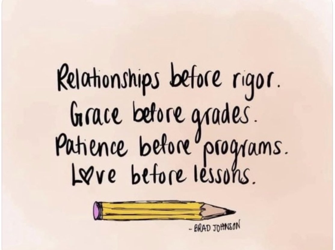 One of our all-time favorite quotes from <a href="/DrBradJohnson/">𝐁𝐫𝐚𝐝 𝐉𝐨𝐡𝐧𝐬𝐨𝐧</a> is front and center of mind as we begin another school year: 
*Relationships before rigor
*Grace before grades
*Patience before programs
*Love before lessons.  
#LeadingUp #LeadWithLove #Wisdom #LACOE