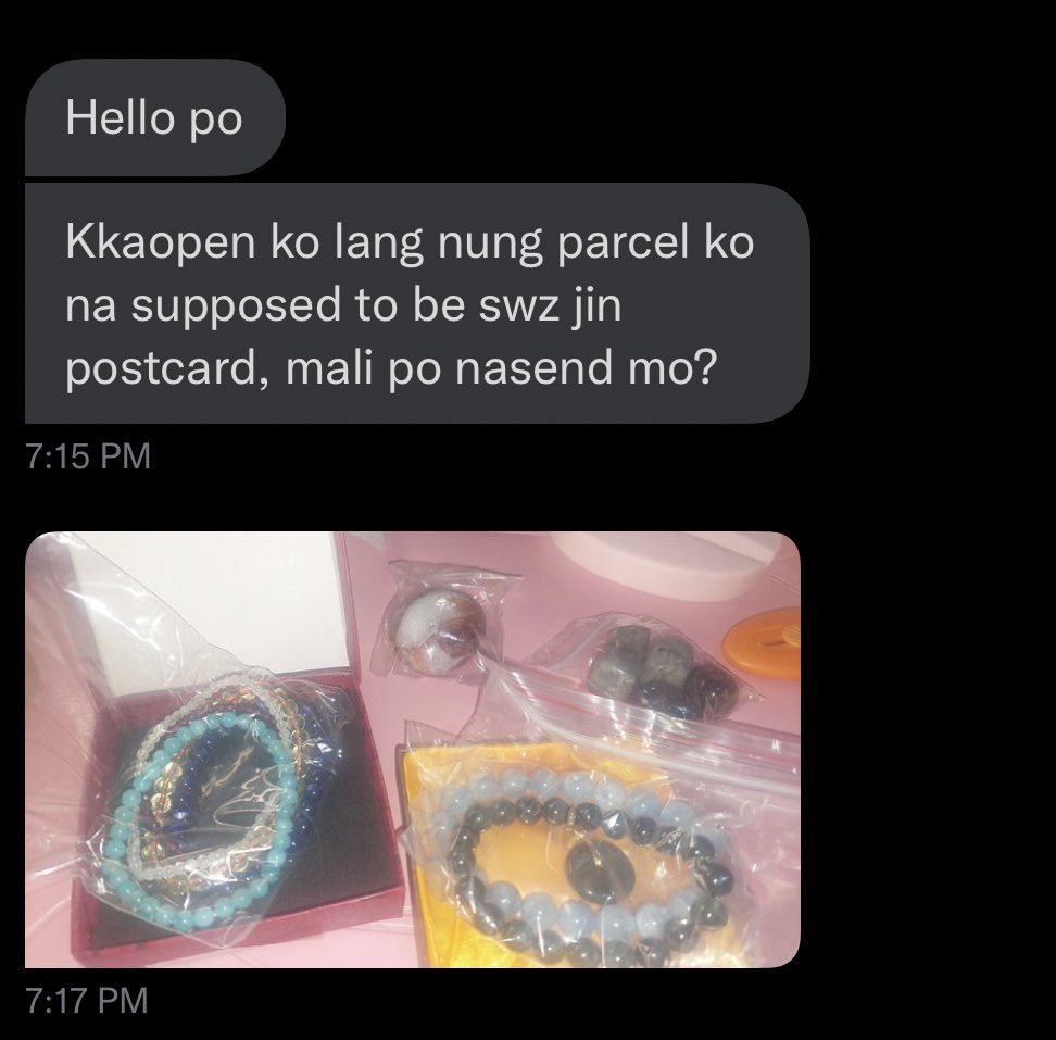 virgomails's tweet photo. awareness thread about gogoxpress under shopee ‼️

a buyer dmed me and said that instead of receiving the swz br jin postcard they ordered, they received a box full of bracelets https://t.co/IjwAa08WA2