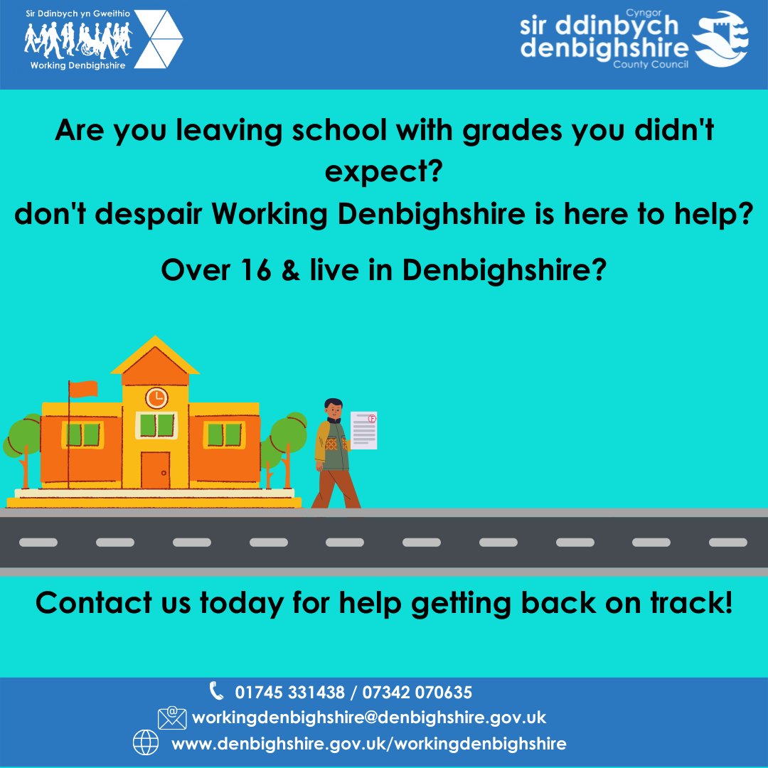 Looking for some help after leaving school? 
Working Denbighshire offers a wide variety of services such as paid placements and funding for individuals struggling to reach the next step. 
Contact us today at denbighshire.gov.uk/workingdenbigh…

#Denbighshire #SchoolLeavers #resultswales