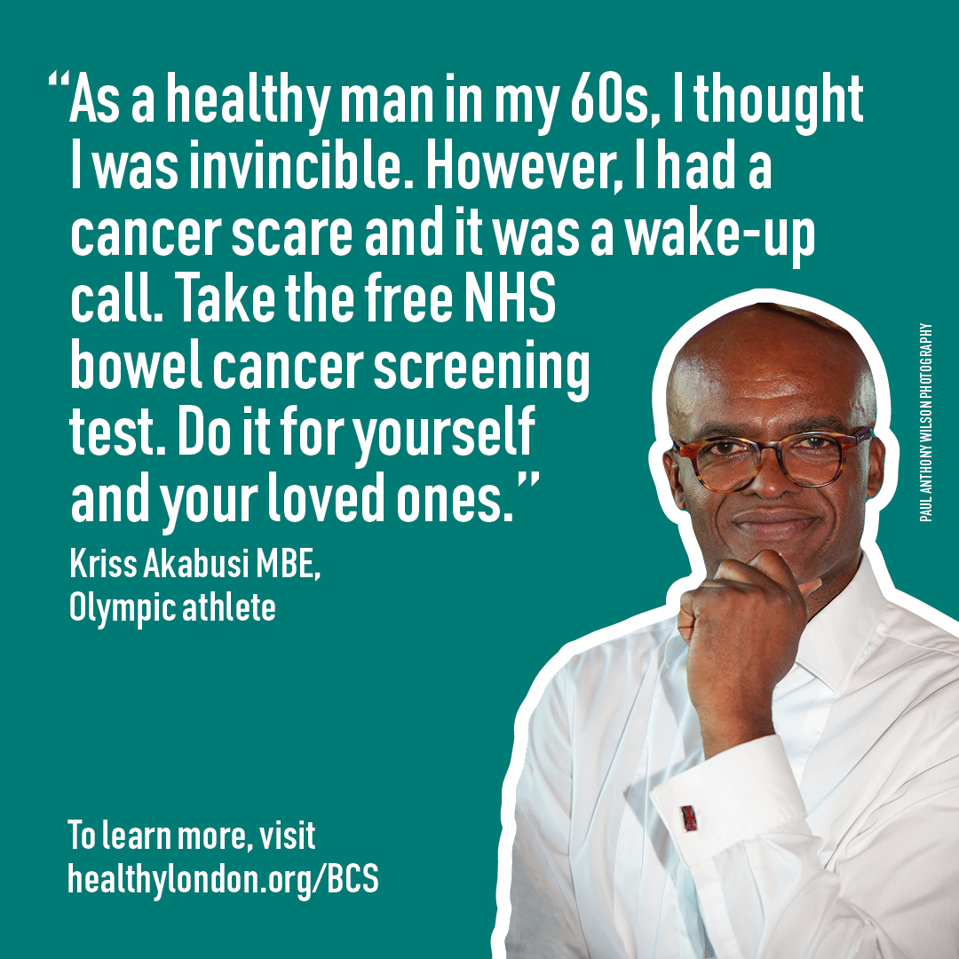 Leading Black celebrities Sean Fletcher and Kriss Akabusi MBE encourage Black communities to take the free NHS bowel cancer screening test when they get it in the post. Bowel cancer screening saves lives. 

(Sponsored Post)

For more information, visit healthylondon.org/BCS