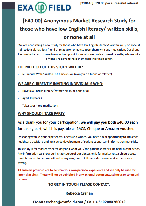 **Offering £20.00 per successful referral** - Please share.
#lowliteracy #marketresearch #unabletoreadorwrite #literacy #writtenskills #learning