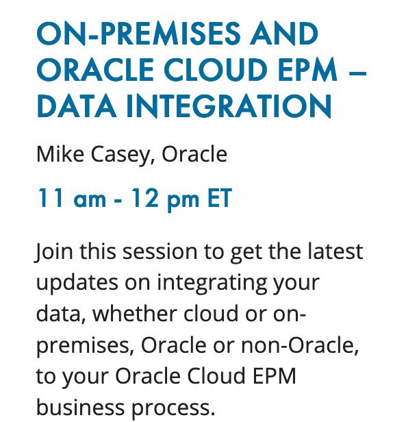 HyperionUserGrp's tweet photo. It’s Integration day! Kicking us off at 11AM ET is the amazing Mike Casey from @oracle product development who will be discussing on-prem and cloud integrations for #EPM! ☁️

#OATUGEPMweek #oraclecloudepm @OracleEPMCloud @OATUG1 #dataintegration #hyperion https://t.co/br51QmJr93