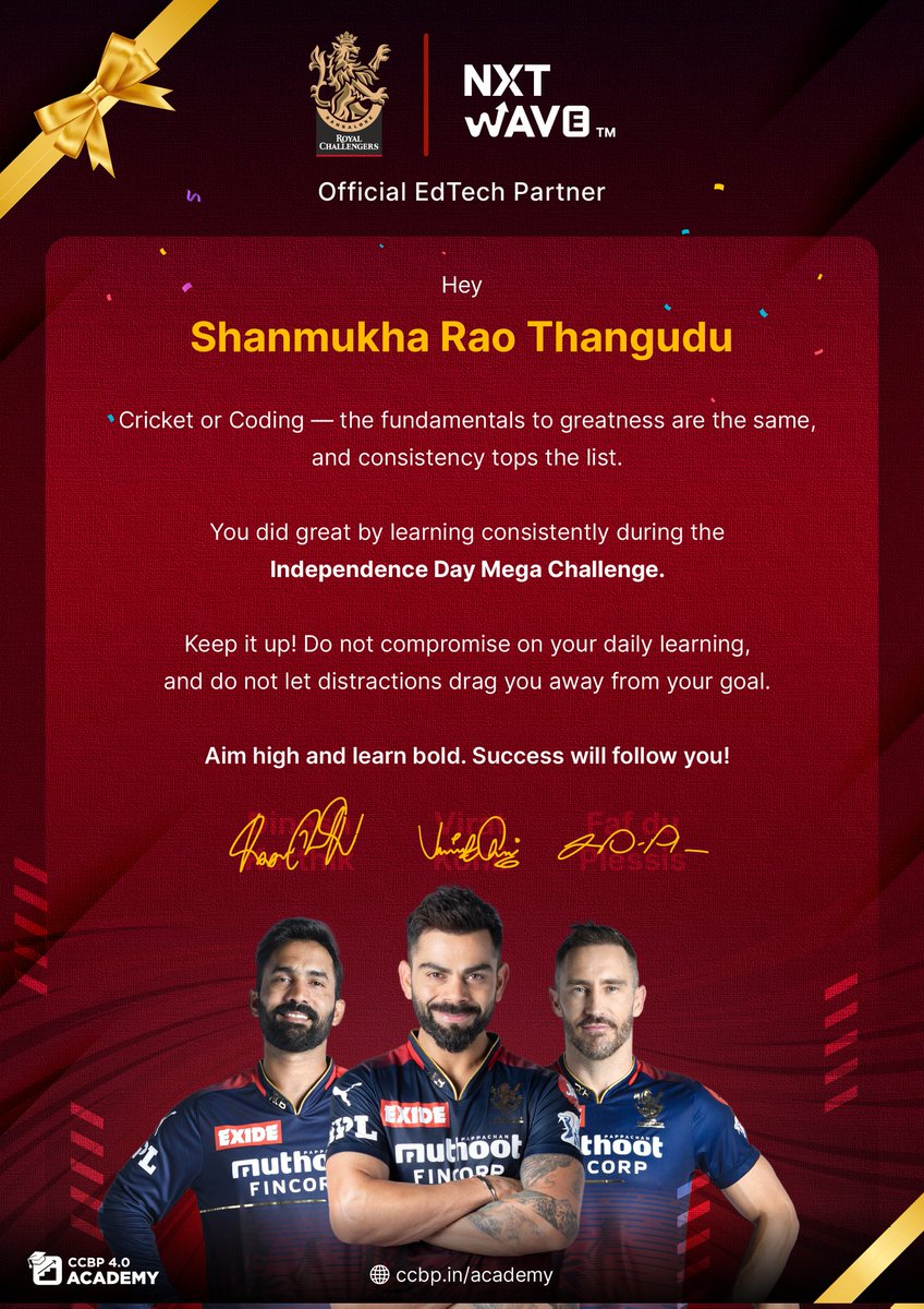 shanmukharao46's tweet photo. Hello Guys..... 
I got a certificate from NxtWave CCBP 4.O Academy signed by the cricketers like #viratkohli #fafduplesis #dineshkarthik . Thank you nxtwave and team. @rahulattuluri @nxtwave_tech #ccbp_tech @sashankreddy07 . https://t.co/LCJWK67Mbj