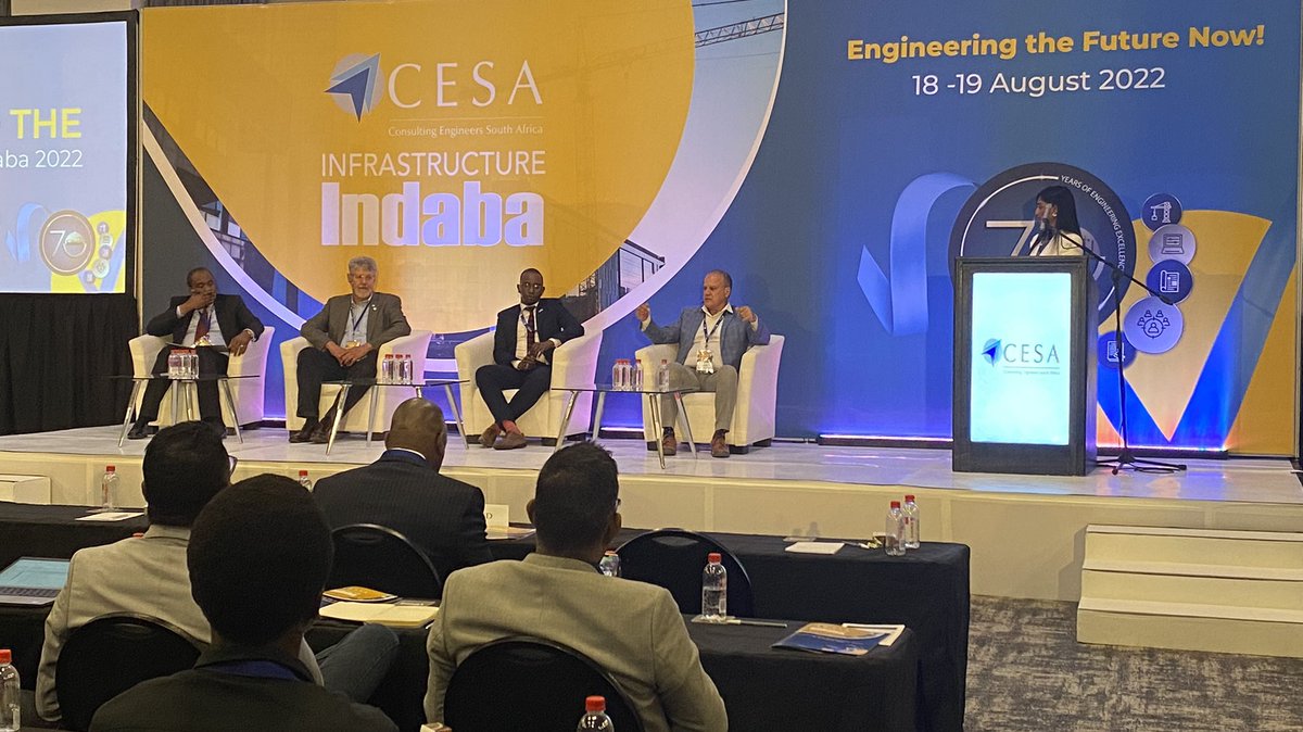 The_CESA's tweet photo. Infrastructure Development/ Energy Infrastructure Services panel discussion at the #CESAIndaba2022.

⚙️ Chuene Ramphele - @DBSA_Bank  
⚙️ Mike Barker - Energy Engineer
⚙️ Keith Katyora - @Deloitte 
⚙️ Des Muller - NuEnergy Developments

#ConsultingEngineers
#CESAAdvocacy https://t.co/cbHdDwPKiH