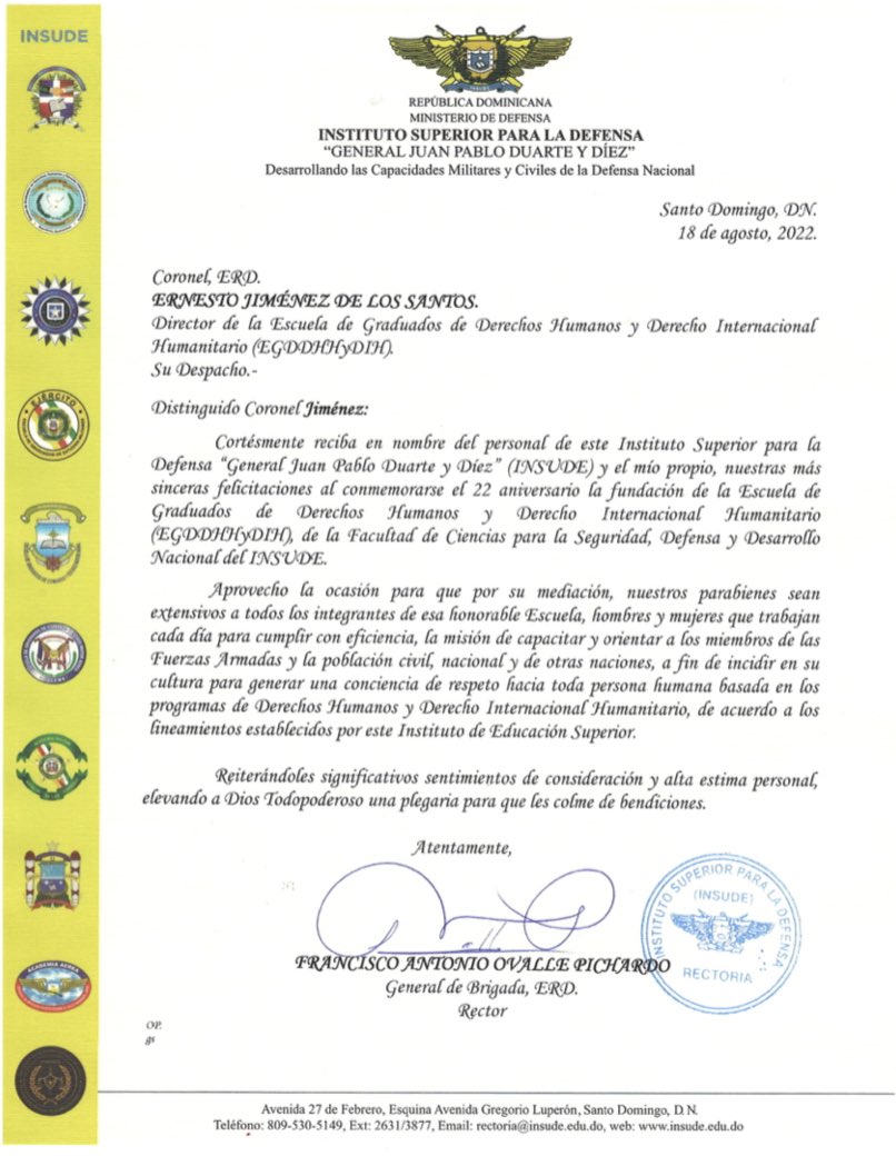 UNADE_RD's tweet photo. El Instituto Superior para la Defensa “General Juan Pablo Duarte y Díez” (INSUDE) felicita a la Escuela de Graduados de Derechos Humanos y Derecho Internacional Humanitario (EGDDHHYDIH) @egddhhydih en su 22 aniversario de fundación.

#InsudeRD #SomosINSUDE #MDefensaRD #egddhhydih https://t.co/4BbjQxU2Pl
