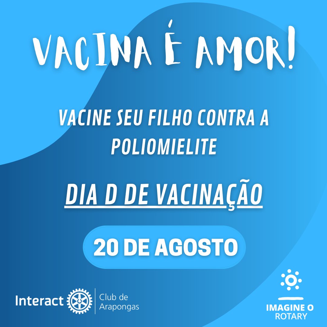 ICArapongas's tweet photo. Neste sábado dia 20 de agosto, estará ocorrendo o Dia D de vacinação. Leve seu filho de 1 a 5 anos ao posto de saúde mais próximo, vacine e salve vidas!

O Rotary trabalha para erradicar a pólio há mais de 35 anos e o nosso objetivo é erradicar essa doença! https://t.co/lHQXErrHuL