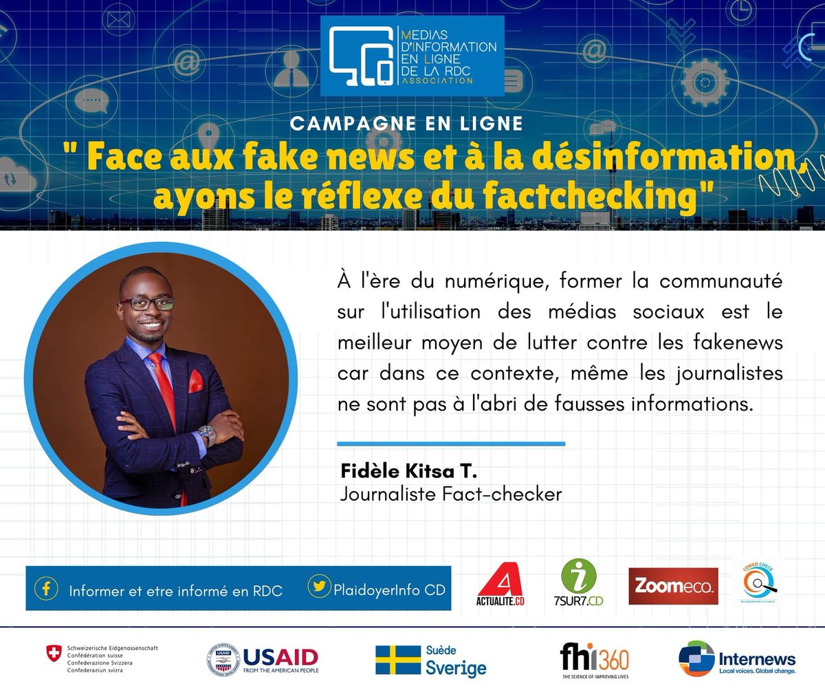 actualitecd's tweet photo. "A l'ère du numérique, même les journalistes ne sont pas à l'abri des fausses informations." Fidele Kitsa
Face aux Fake news et à la désinformation, ayons le réflexe du factchecking.
#EnsembleContreLesFakenews #OuiAuFactchecking https://t.co/xDLdogR7ZD