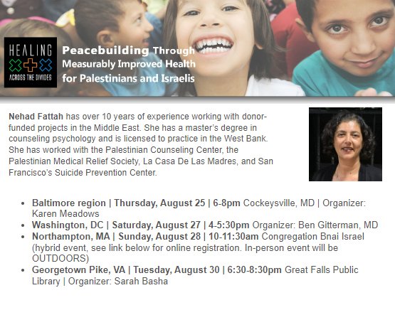HealingDivides's tweet image. Meet Nehad Fattah, the Palestinian representative for HATD, who will discuss efforts to build peace through health in Israel, the West Bank and Gaza that measurably improve the lives of Israelis and Palestinians. Write to julia@healingdivides.org for event details.