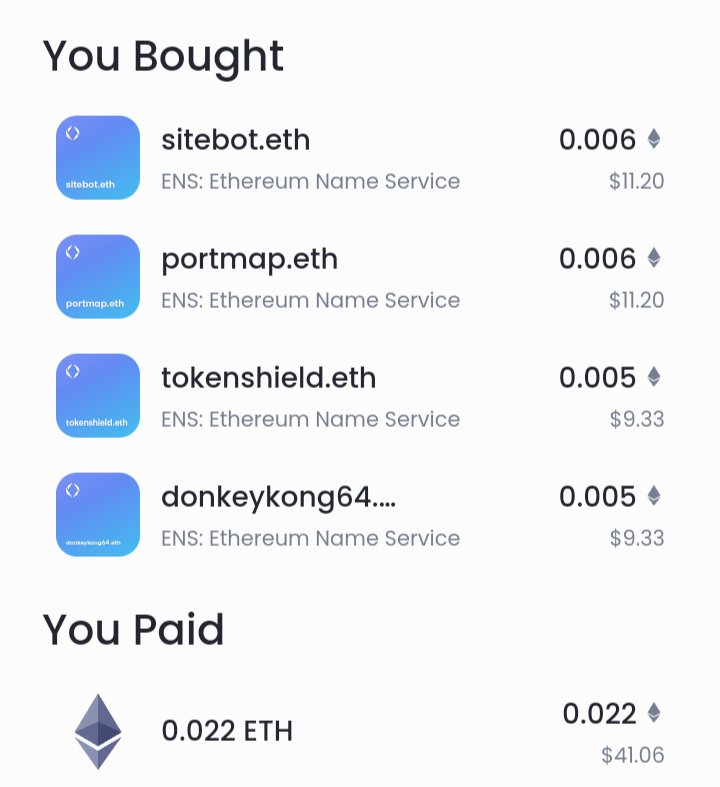 Trunk11291's tweet photo. People are paper handing some solid ENS domains. Just snagged these four off secondary 👇👇👇 https://t.co/avOjRKhfFq
