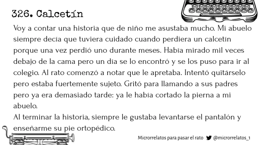 microrrelatos_1's tweet photo. 326. Calcetín 📖 #microrrelato
#agosto #relato #literatura #ficcion #microcuento #leer #lectura #cuento #twitteratura #relatocorto #terror #miedo #relatoterror https://t.co/SShjHN4Sjh