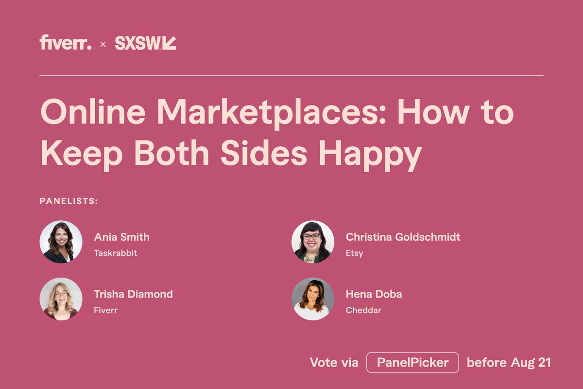 Fiverr (@fiverr) on Twitter photo Help us go to #SXSW2023! We have a panel covering all things on online marketplaces with <a href="/Etsy/">Etsy</a> VP of Product Design <a href="/ChristinaOnUX/">ChristinaGoldschmidt</a>, @TaskRabbit CEO <a href="/AMariaSmith/">Ania Smith</a>, @Cheddar’s <a href="/HenaDoba/">Hena Doba</a> and our very own Trisha Diamond, Sr Director of Customer Success.
panelpicker.sxsw.com/vote/121057 Help us go to #SXSW2023! We have a panel covering all things on online marketplaces with <a href="/Etsy/">Etsy</a> VP of Product Design <a href="/ChristinaOnUX/">ChristinaGoldschmidt</a>, @TaskRabbit CEO <a href="/AMariaSmith/">Ania Smith</a>, @Cheddar’s <a href="/HenaDoba/">Hena Doba</a> and our very own Trisha Diamond, Sr Director of Customer Success.
panelpicker.sxsw.com/vote/121057