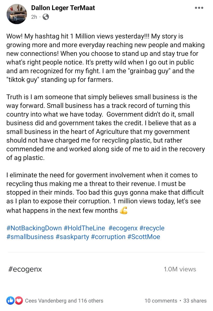 thegrainbagguy's tweet photo. You have to be persistent when you start from nothing, but I reached a milestone yesterday. Officially 1 Million views on #EcoGenX ! 

#Entrepreneur #SmallBusiness #Saskag #SkPoli #grainbags #farm #agplastic https://t.co/Lmei77DPS1