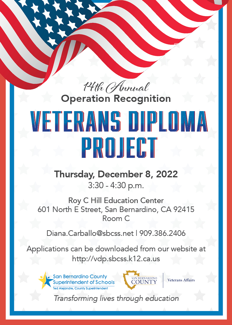 SBCountySchools's tweet photo. Applications Now Open for Veterans Diploma Project Class of 2022 -  This annual ceremony awards diplomas to eligible individuals whose high school education was interrupted due to military service or internment in a Japanese American camp. Learn more here: https://t.co/aMuNJxd7wk https://t.co/qq0iXjgsuu