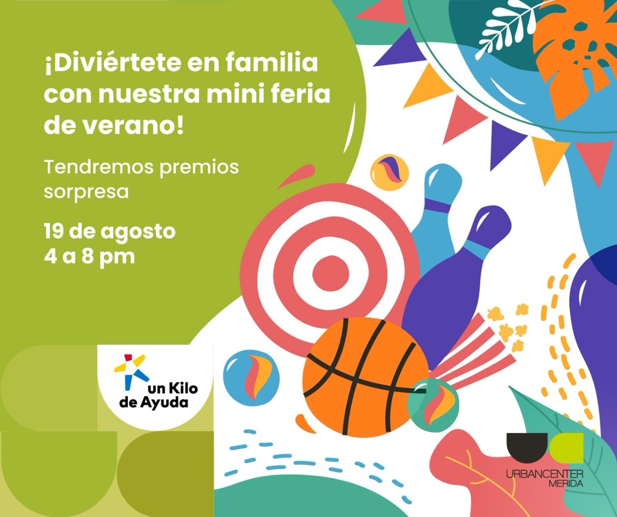 UrbanCenterMex's tweet photo. ¡Ven a divertirte en Urban Center Mérida con nuestra feria de verano!🤩

👉🏻Para participar solo debes apoyar a que la niñez de México sea plena y sana en la alcancía de @Unkilodeayuda y diviértete en nuestros juegos de feria 
¡Gana muchos premios y sorpresas!🥳 https://t.co/BO3cXnoRM4