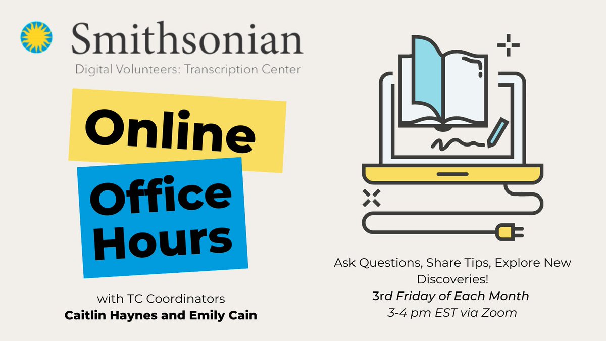 TranscribeSI's tweet photo. Come for the transcription tips and updates, stay for the  #volunpeer discoveries and camaraderie 👩‍💻🧑🏽‍💻👨🏿‍💻👩🏻‍💻.

Join us tomorrow at 3 pm ET for our August edition of Online Office Hours! All are welcome. 

Register: https://t.co/FOCKMMcDaT. https://t.co/Mi2egaLYI2