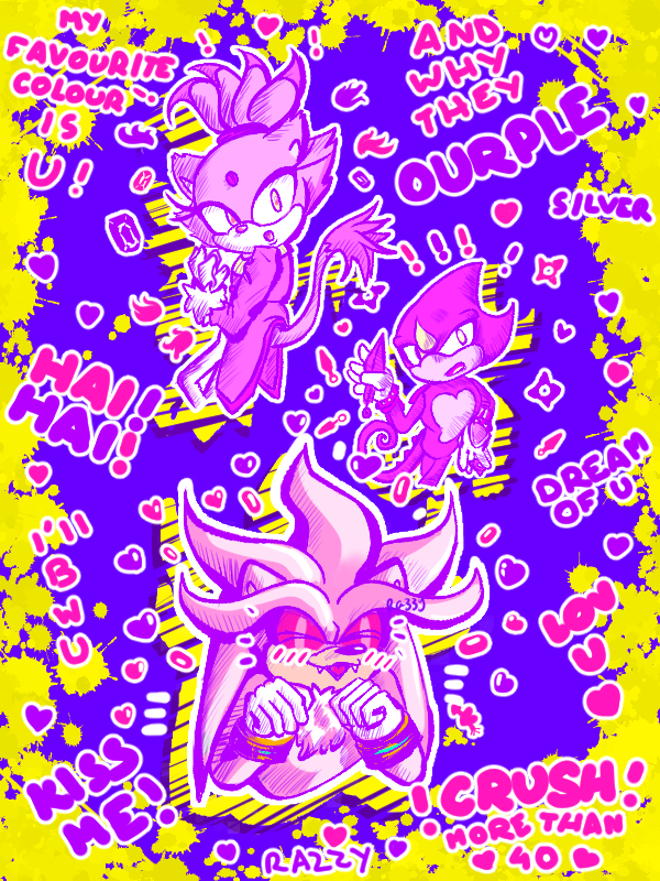 razzythefan's tweet photo. cw eyestrain
This is v1 without villains but I will add mephiles + super scourge to making 4 purple pairings with silver xD #SonicTheHedgehog #IDWSonic #Espilver #Silvespio #Silvaze #Blazilver #SilverTheHedgehog #BlazeTheCat #EspioTheChameleon #sonicfanart
espio x silver x blaze https://t.co/TwjjWpXYOS