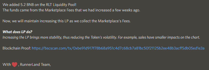 As per community requests and poll results, we did what was asked!

Blockchain Proof: bscscan.com/tx/0xbe91d917f…

#runnerland #lp #rlt #runnerlandnft #bcgames #bcg