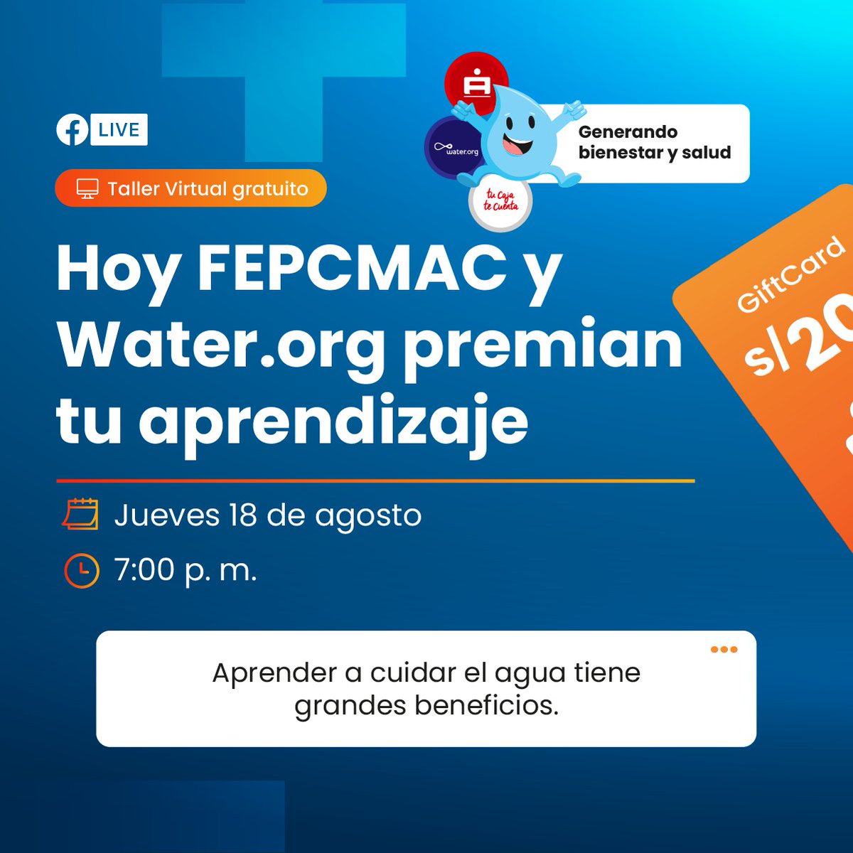 Tucajatecuenta's tweet image. ¡Es hoy!💧
Vía Facebook Live puedes ver el taller gratuito: 
Generando bienestar y salud: Cuidando el agua.

Día: Jueves 18 de agosto
Hora: 7:00 p.m

Recuerda que al final del taller sortearemos 2 gift card de S/200.00 c/u🤩

#TCTC #emprendimiento #WATERORG #cursovirtual #FEPCMAC