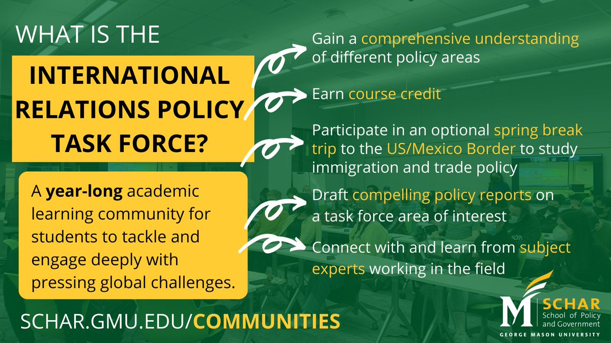 All sophomores, juniors, and seniors can still enroll for fall in the International Relations Policy Task Force! 

Get ready to network with subject experts, earn course credit, and have the opportunity to study abroad during spring break. Visit schar.gmu.edu/communities
