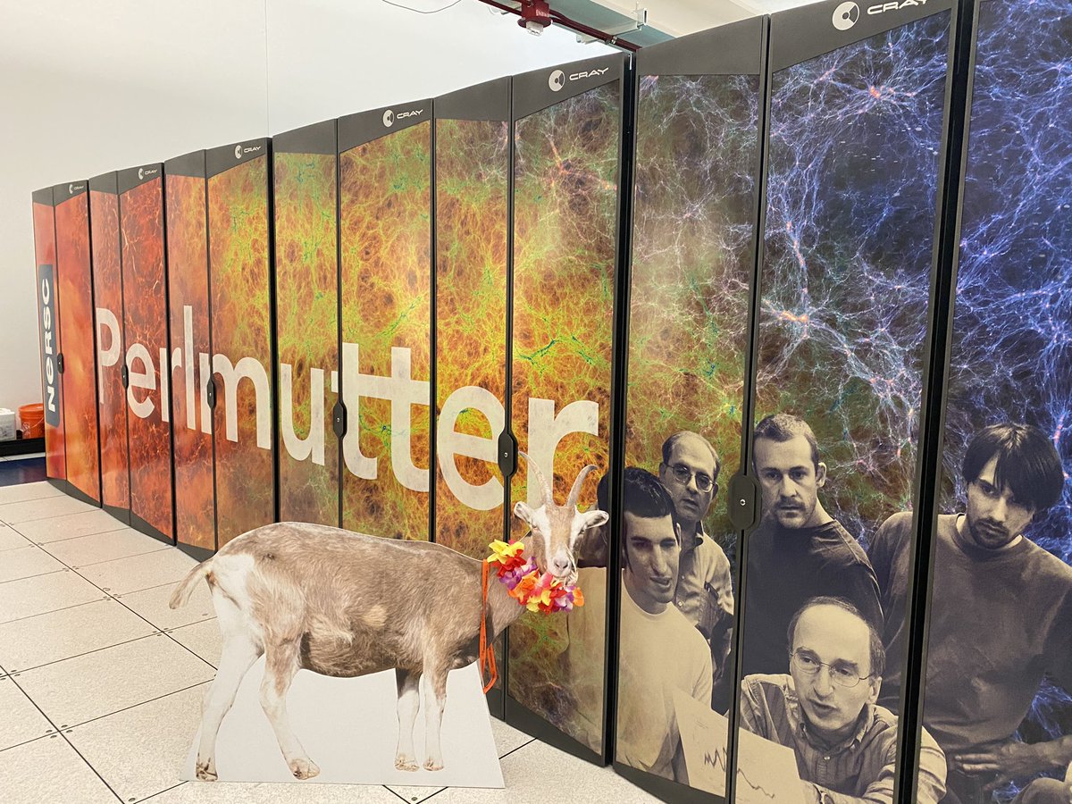 melrom's tweet image. The Berkeley Lab #SelfieGoat is on the loose! He came down to the @NERSC control room to learn about our Site-Reliability Engineers &amp;amp; made sure to visit our #Perlmutter supercomputer before being wrangled back into his pen. 
💙💛