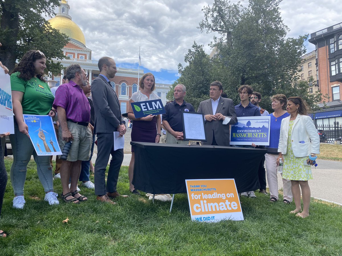 EnviroLeagueMA's tweet photo. We are excited to be in front of the State House today celebrating the signing of the #MAClimateBill.

ELM’s Director of Clean Energy Policy @SusannahHatch spoke alongside climate leaders Rep @jeffroy &amp; Sen @MarcRPacheco about the clean #OffshoreWind this law brings to MA.#MApoli https://t.co/cjCjd22623