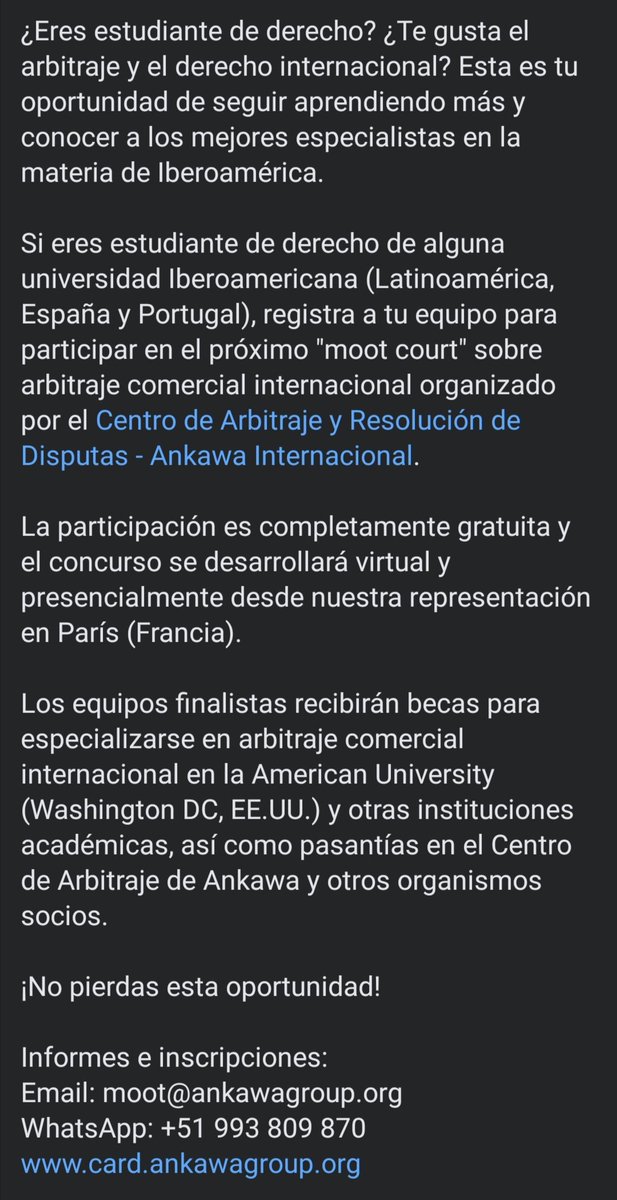 #MootCourt | #Arbitraje | #DerechoInternacional | #ArbitajeComercialInternacional

Si eres estudiante derecho de alguna universidad Iberoamericana, no pierdas esta oportunidad.

Con respaldo de <a href="/ankawaintl/">The Ankawa Global Group</a>

👇