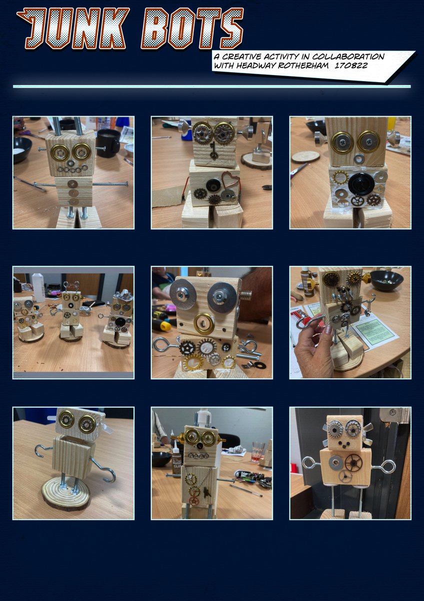 Rotherhamcreat2's tweet photo. Look at these little Junk Bots. Designed and created by our learners @Headway_Roth. Absolutely great afternoon learning how to make Junk Bots from bits and bobs and odds and ends. Such a fun, creative and relaxing way to spend time. #rotherham #creativecommunities #newskills https://t.co/HcRT4dl6iy