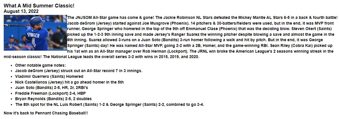 jnjsom's tweet photo. George Springer Day! The possible front-runner for league MVP wins his 2nd All-Star Game MVP honors! His homer in the top of the 9th proved to be the winning blow, off Emmanuel Clase! Ok, back to pennant chasing baseball in the #JNJSOM @StratOMatic https://t.co/5eT4gWuMEf